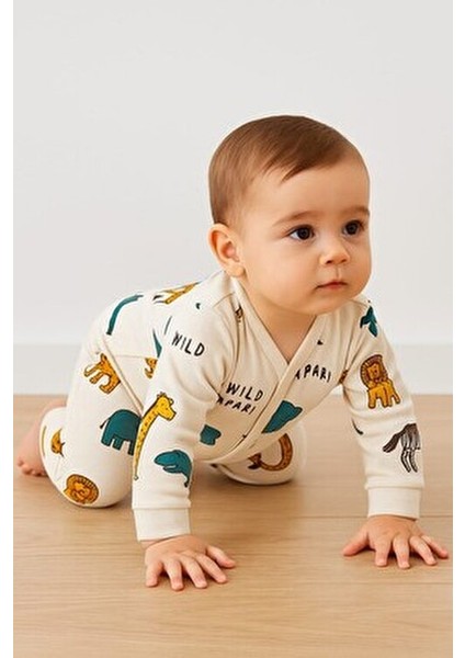 Unisex Bebek Tulumu %100 Pamuk Esnek Safari Baskılı Çıtçıtlı 1-3-6 Aylık modelleri