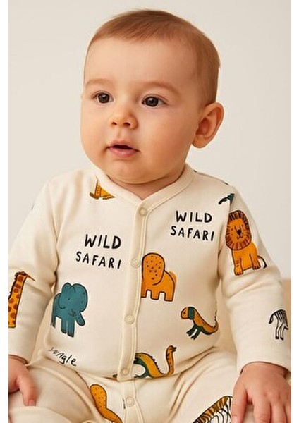 Unisex Bebek Tulumu %100 Pamuk Esnek Safari Baskılı Çıtçıtlı 1-3-6 Aylık fırsatları