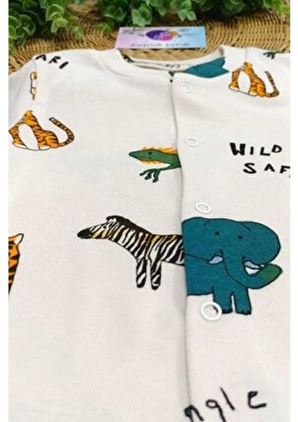 Unisex Bebek Tulumu %100 Pamuk Esnek Safari Baskılı Çıtçıtlı 1-3-6 Aylık