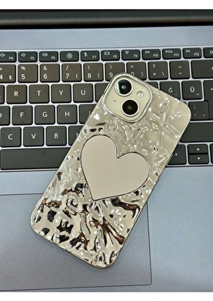 Iphone 13 - 14 ve 15 Uyumlu Platin Aynalı Kabartma Parlak Silikon Kılıf