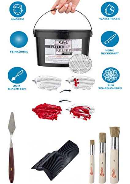 Rölyef Pasta 3,5 kg Büyük Kova Beyaz Stencıl Spatul Doku Tarağı Set