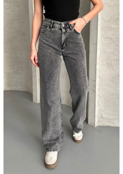 Kadın Yüksek Bel Jean Kot Palazzo Pantolon Füme / 25