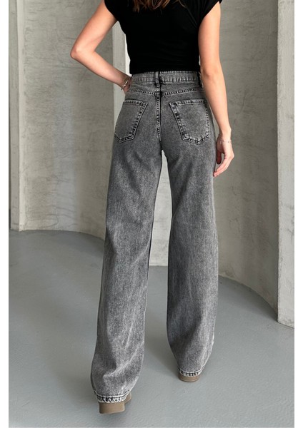Kadın Yüksek Bel Jean Kot Palazzo Pantolon Füme / 25