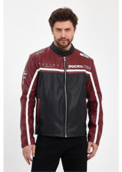 Erkek Baskılı Motorcu Ceket Deri Garnili Yarışçı Mont Fermuarlı ve Çıtçıtlı Kolej Montu Bomber Ceket