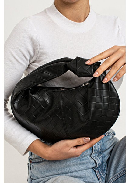 Kadin Mini Baget Dügüm Detaylı Fermuarlı El Çanta Örgü Desenli fiyatları