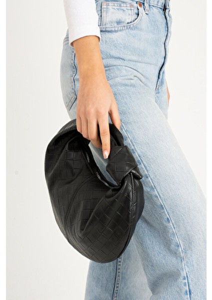 Kadin Mini Baget Dügüm Detaylı Fermuarlı El Çanta Örgü Desenli modelleri