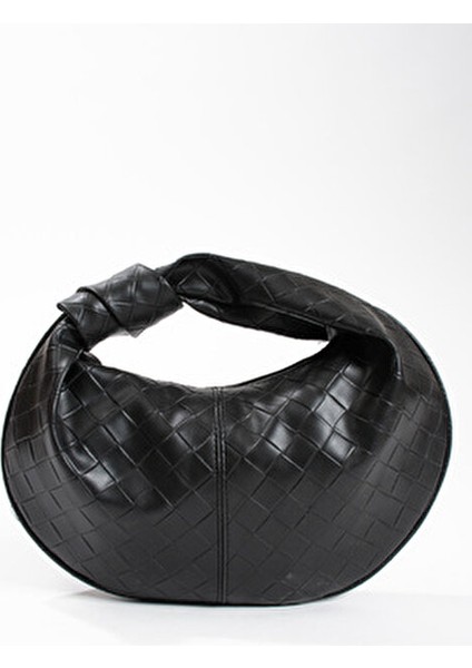 Kadin Mini Baget Dügüm Detaylı Fermuarlı El Çanta Örgü Desenli