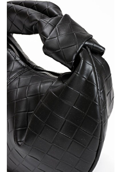 Kadin Mini Baget Dügüm Detaylı Fermuarlı El Çanta Örgü Desenli