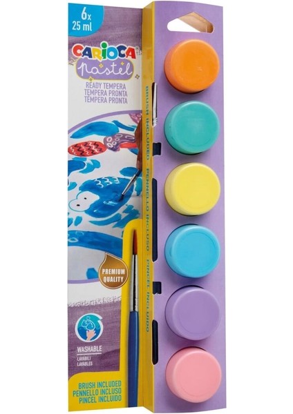 Tempera Yıkanabilir Poster Boya 25 Ml. x 6 Pastel Renk Fırçalı Set