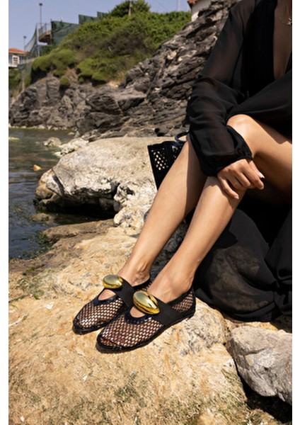 Musiala Kadın Siyah File Gold Detay Ithal Aksesuar Babet