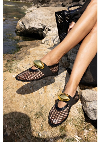 Musiala Kadın Siyah File Gold Detay Ithal Aksesuar Babet indirimleri