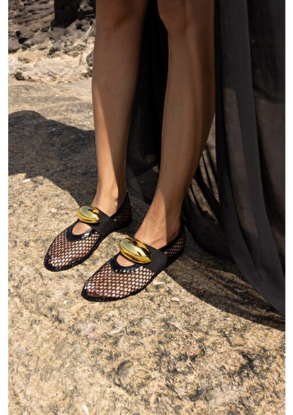 Musiala Kadın Siyah File Gold Detay Ithal Aksesuar Babet