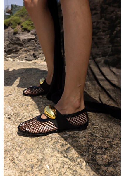 Musiala Kadın Siyah File Gold Detay Ithal Aksesuar Babet