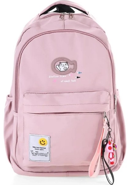 Öğrenci Sırt Okul Çantası Basit Kore Tarzı Kadın Seyahat Çantası Yumuşak Su Geçirmez Kumaş Pembe