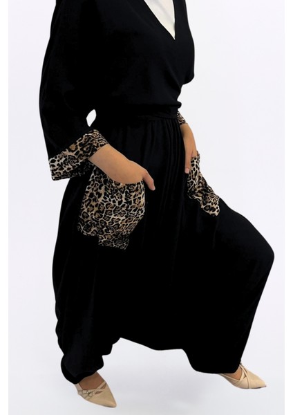 Şalvar Gömlek Takım-Otantik Rahat Kalıp Viskon Kumaş Şalvar/bağlamalı Leopar Detaylı Şık Crop Gömlek fırsatları