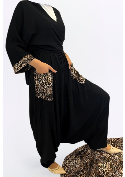 Şalvar Gömlek Takım-Otantik Rahat Kalıp Viskon Kumaş Şalvar/bağlamalı Leopar Detaylı Şık Crop Gömlek