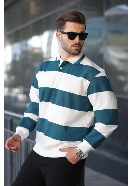 Petrol Mavisi Çizgili Polo Yaka Erkek Kazak E7173