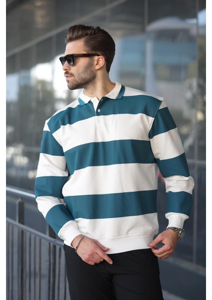 Petrol Mavisi Çizgili Polo Yaka Erkek Kazak E7173 modelleri