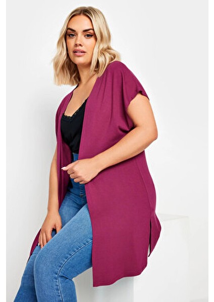 Büyük Beden Yırtmaç Detaylı Düğmesiz Esnek Kumaş Kısa Kollu Hırka 321907