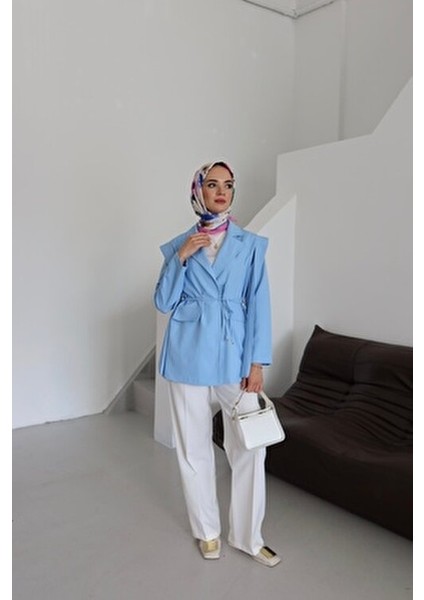 Bel Bağlamalı Blazer Ceket Mavi modelleri
