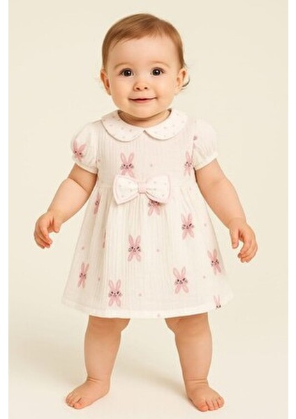 Kız Bebek/çocuk Müslin Kumaş Tavşanlı Büzgü Kol Yazlık Elbise Organik