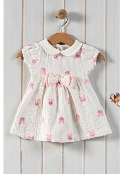 Kız Bebek/çocuk Müslin Kumaş Tavşanlı Büzgü Kol Yazlık Elbise Organik