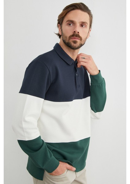 Renk Bloklu Polo Yaka Yarım Düğmeli Pike Sweatshirt