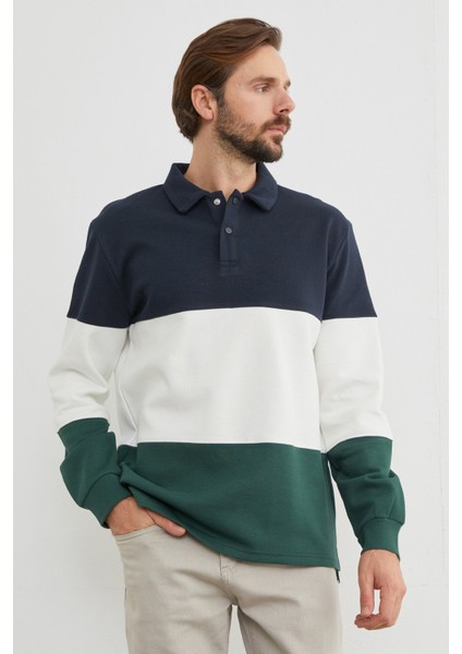 Renk Bloklu Polo Yaka Yarım Düğmeli Pike Sweatshirt fiyatları