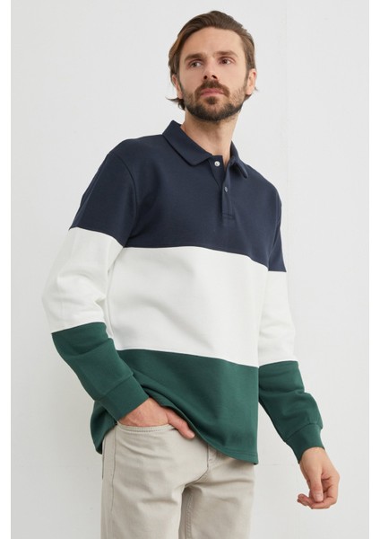 Renk Bloklu Polo Yaka Yarım Düğmeli Pike Sweatshirt modelleri