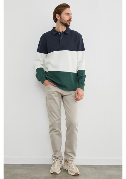 Renk Bloklu Polo Yaka Yarım Düğmeli Pike Sweatshirt fırsatları