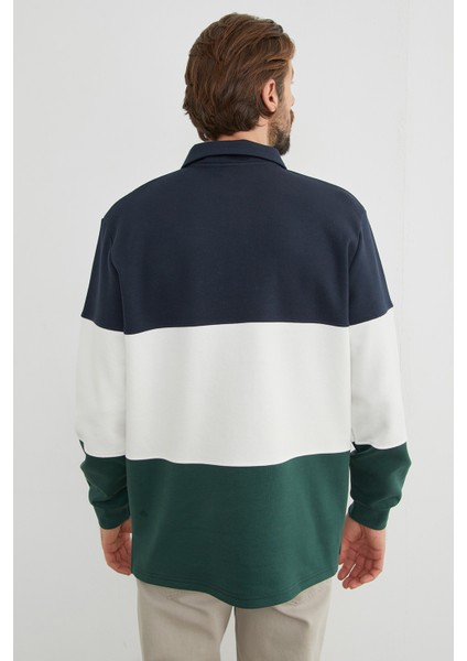 Renk Bloklu Polo Yaka Yarım Düğmeli Pike Sweatshirt
