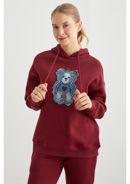 3 Iplik Kot Ayıcık Nakışlı Oversize Kapüşonlu Sweatshirt fiyatları