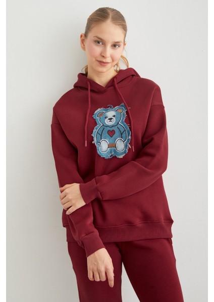 3 Iplik Kot Ayıcık Nakışlı Oversize Kapüşonlu Sweatshirt modelleri