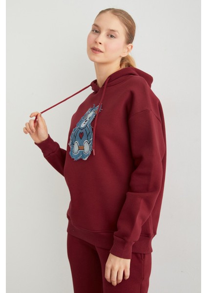 3 Iplik Kot Ayıcık Nakışlı Oversize Kapüşonlu Sweatshirt fırsatları