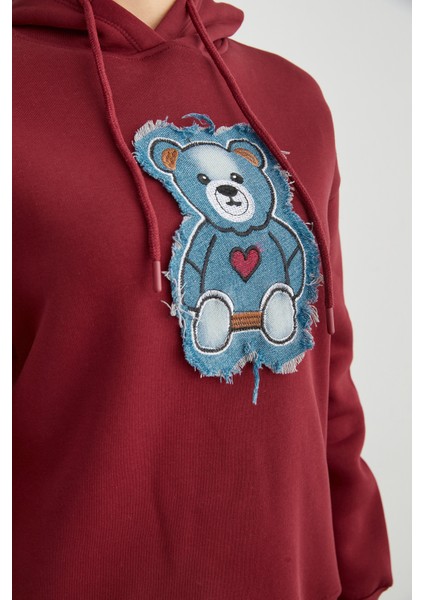 3 Iplik Kot Ayıcık Nakışlı Oversize Kapüşonlu Sweatshirt