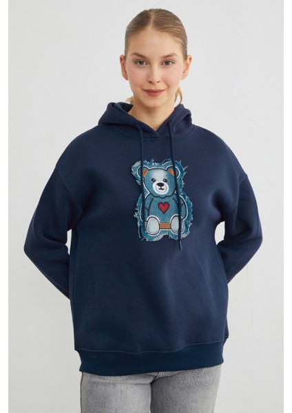 3 Iplik Kot Ayıcık Nakışlı Oversize Kapüşonlu Sweatshirt