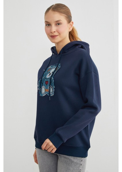 3 Iplik Kot Ayıcık Nakışlı Oversize Kapüşonlu Sweatshirt fiyatları