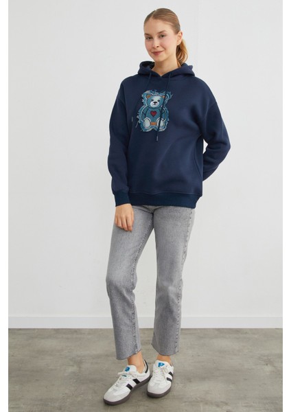 3 Iplik Kot Ayıcık Nakışlı Oversize Kapüşonlu Sweatshirt modelleri