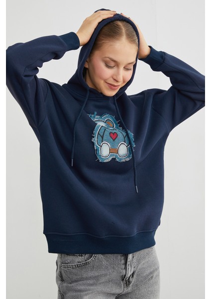 3 Iplik Kot Ayıcık Nakışlı Oversize Kapüşonlu Sweatshirt fırsatları