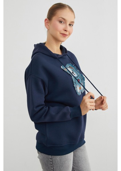 3 Iplik Kot Ayıcık Nakışlı Oversize Kapüşonlu Sweatshirt indirimleri