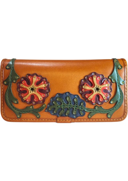 Deri El Yapımı Yatay Telefon Bölmeli Fermuarlı ve Çıt Çıtlı Kadın Cüzdan (Liva)