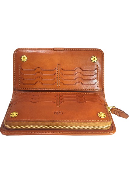 Deri El Yapımı Yatay Telefon Bölmeli Fermuarlı ve Çıt Çıtlı Kadın Cüzdan (Liva)