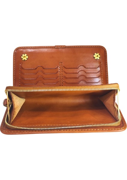 Deri El Yapımı Yatay Telefon Bölmeli Fermuarlı ve Çıt Çıtlı Kadın Cüzdan (Liva)