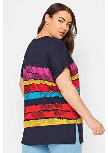 Büyük Beden V Yaka Kısa Kollu Mor Çizgili T-Shirt Kadın Günlük Tarz Viskon fırsatları
