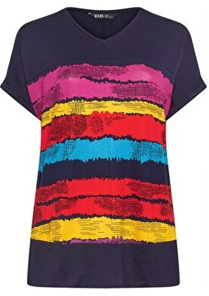Büyük Beden V Yaka Kısa Kollu Mor Çizgili T-Shirt Kadın Günlük Tarz Viskon indirimleri