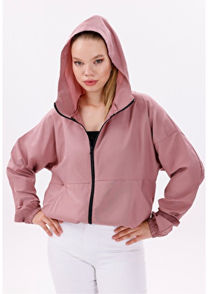 Kadın Pudra Kapüşonlu Su ve Rüzgar Geçirmez Oversize Yağmurluk - Rüzgarlık
