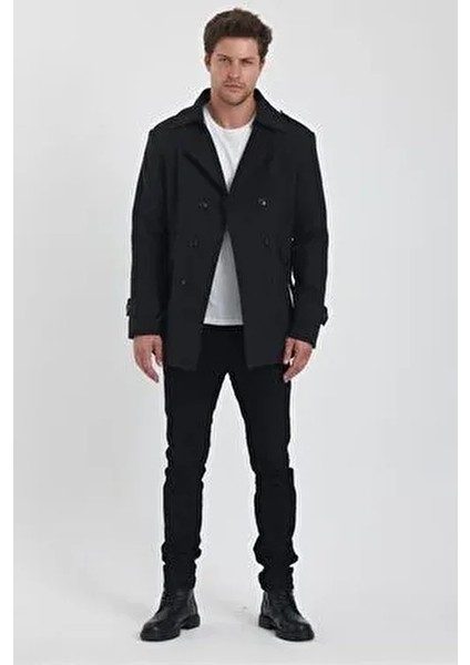 Erkek Antrasit Kruvaze Yaka Kaşe Kaban Slim Fit Günlük Kullanım İçin