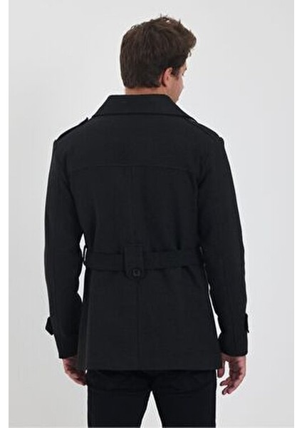 Erkek Antrasit Kruvaze Yaka Kaşe Kaban Slim Fit Günlük Kullanım İçin