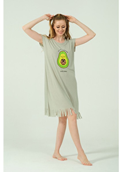 Avokado Desenli Püsküllü Viskon Penye Günlük Elbise