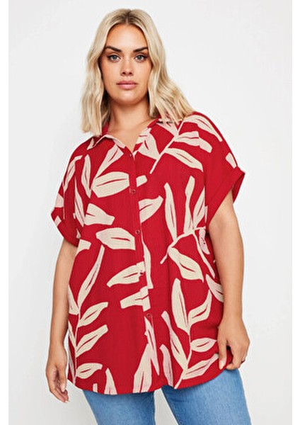 Kadın Büyük Beden Kısa Kollu Desenli Düğmeli Gömlek 321827 Kırmızı Renkli Şık Tasarım